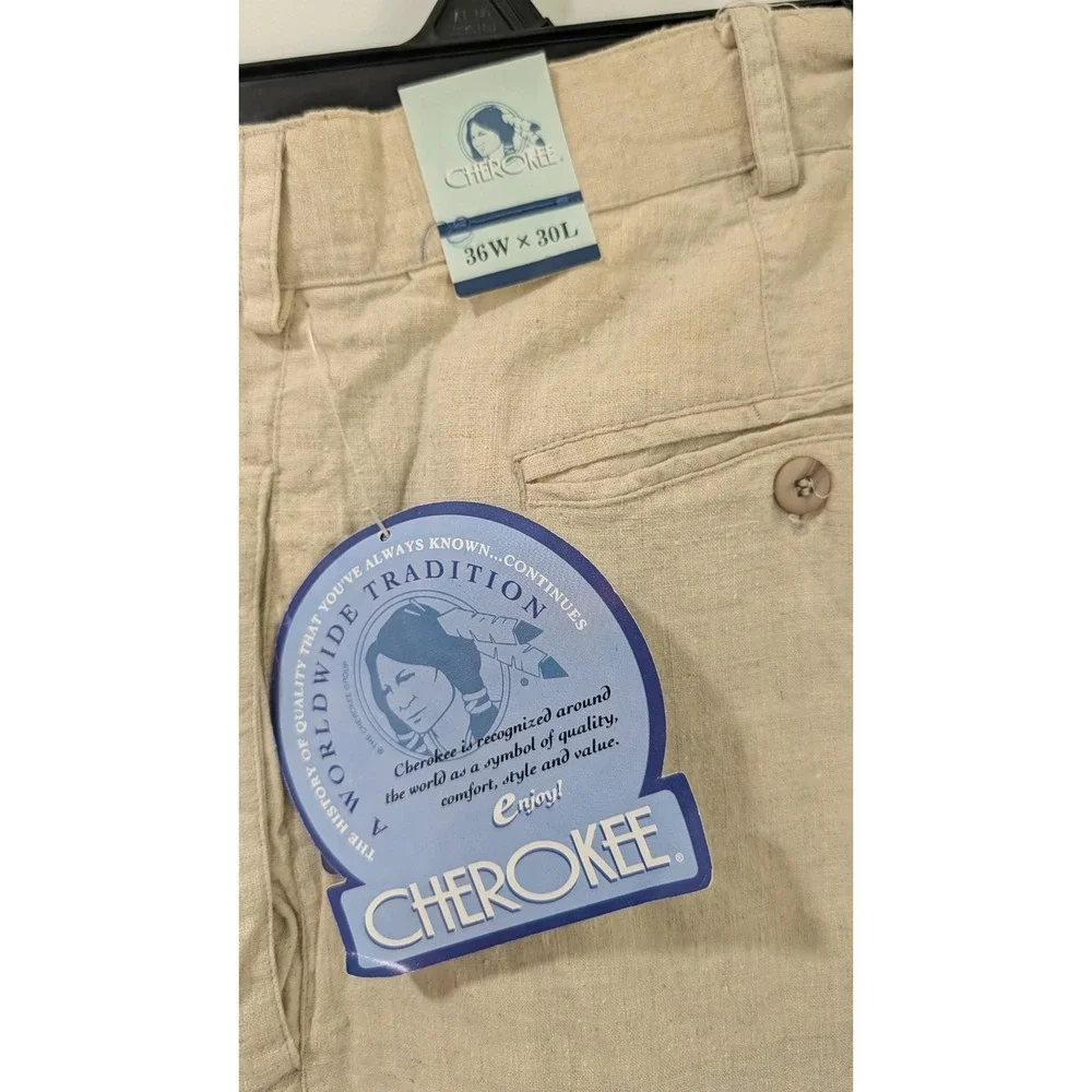 Vintage Cherokee Mens Beige Linen Cotton Pleated Trousers Pants 36x30 NWT